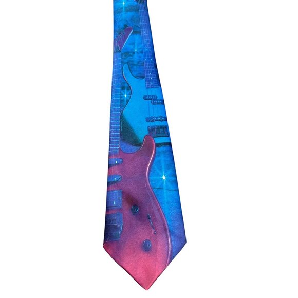 Vintage Ralph Marlin Guitar Print Tie Blue Pink Adjustable Fit Music Festival - Picture 2 of 8